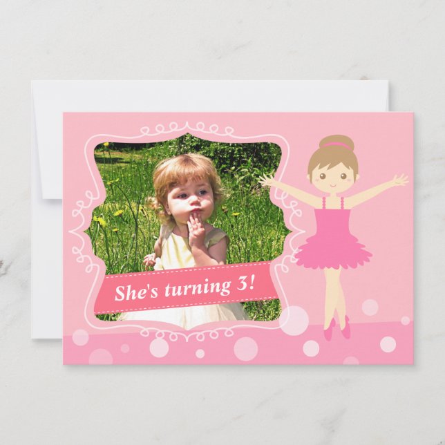 Cute Ballerina, Pink Girl Birthday Party Invitation (Front)