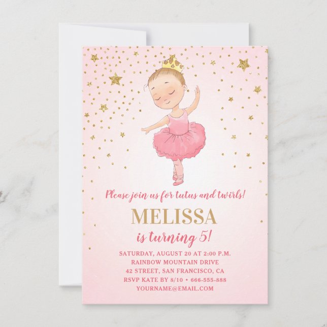 Cute Ballerina Pink Gold Glitter | Girl Birthday Invitation (Front)