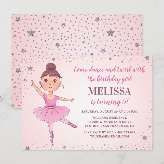 Cute Ballerina Pink Silver Stars Girl Birthday Invitation (Front/Back)