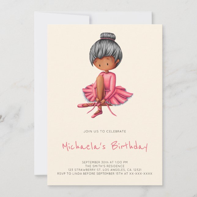 Cute Ballerina Pink Tutu Black Girl Birthday Invitation (Front)