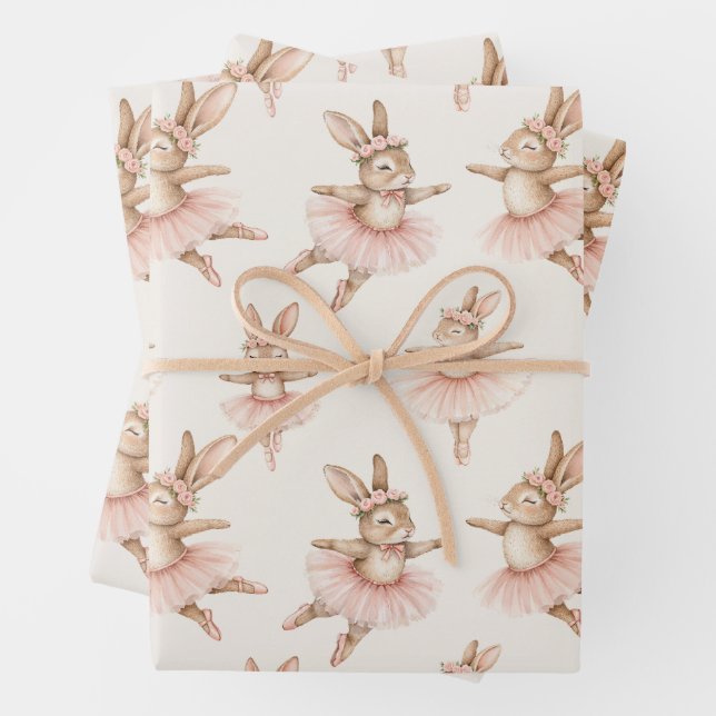 cute ballerina rabbits in pink tutus wrapping paper sheet (In situ)