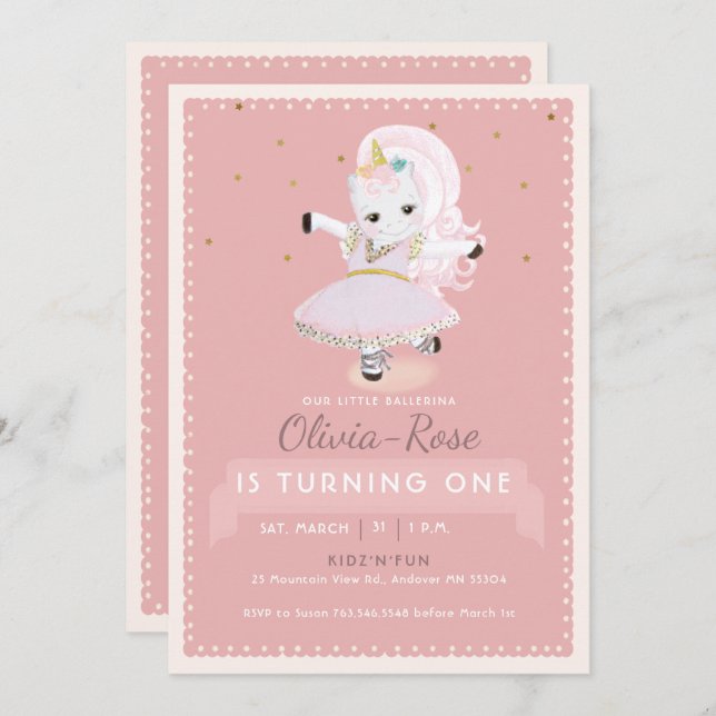 Cute Ballerina Unicorn Dusty Pink Girl Birthday Invitation (Front/Back)