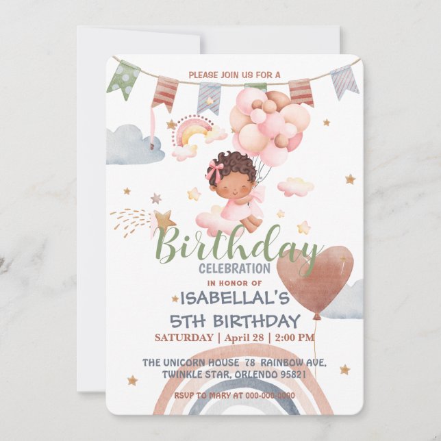 Cute Balloon African american girls Birthday party Invitation (Front)