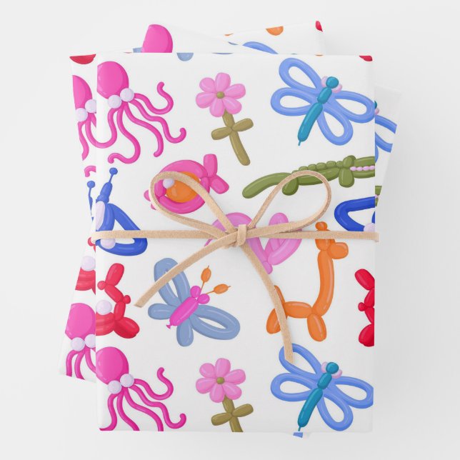 Cute Balloon Animals Colourful Kids Pattern Wrapping Paper Sheet (In situ)