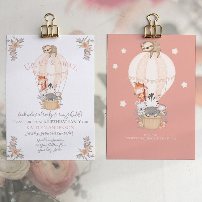 Cute Balloon Giraffe Sloth 1st Birthday Party Girl Invitation (Creator Uploaded)