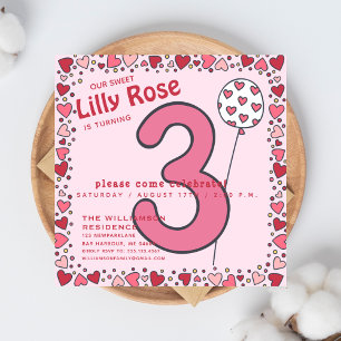 Cute Balloon - Pink Kids 3rd Birthday Invitation
