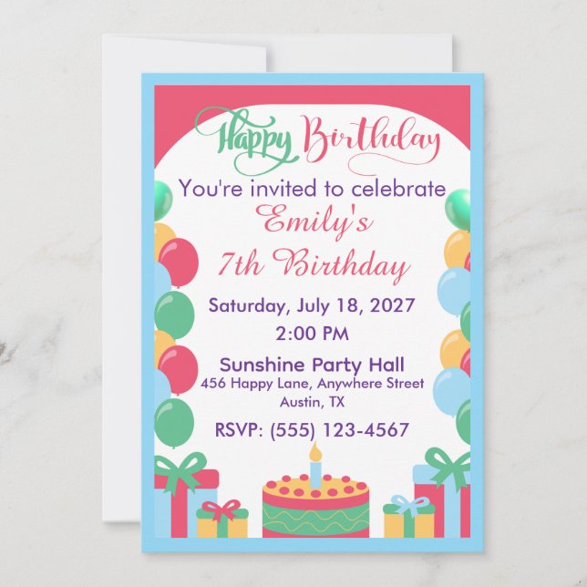Cute Balloons Birthday Invitations (Front)