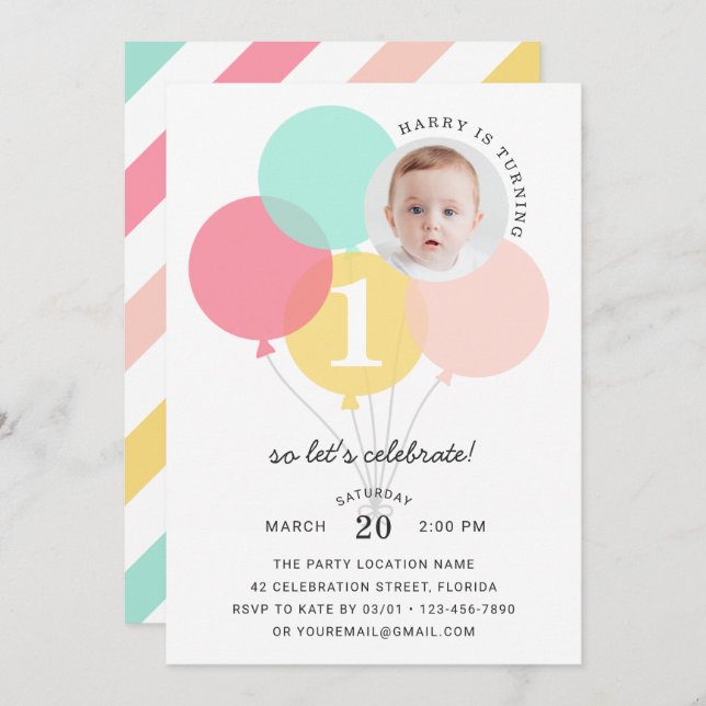 Cute Balloons Modern First 1st Photo Birthday Invitation (Front/Back)