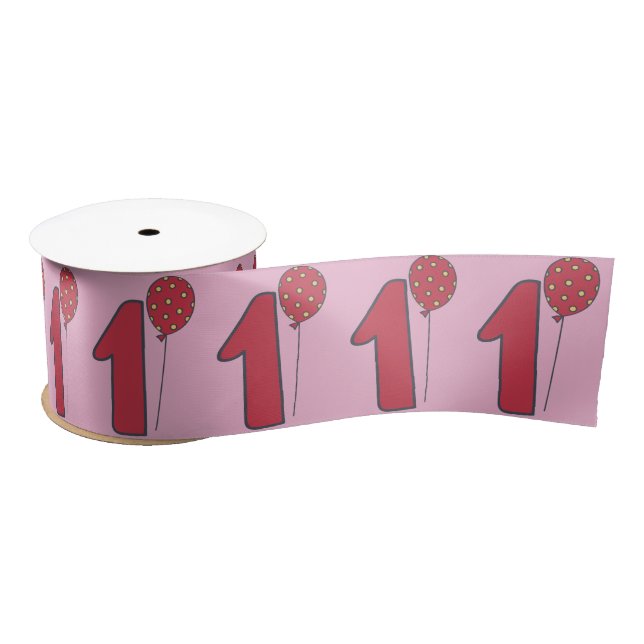 Cute Balloons - Pink & Red Kids 1st Birthday Satin Ribbon (Spool)