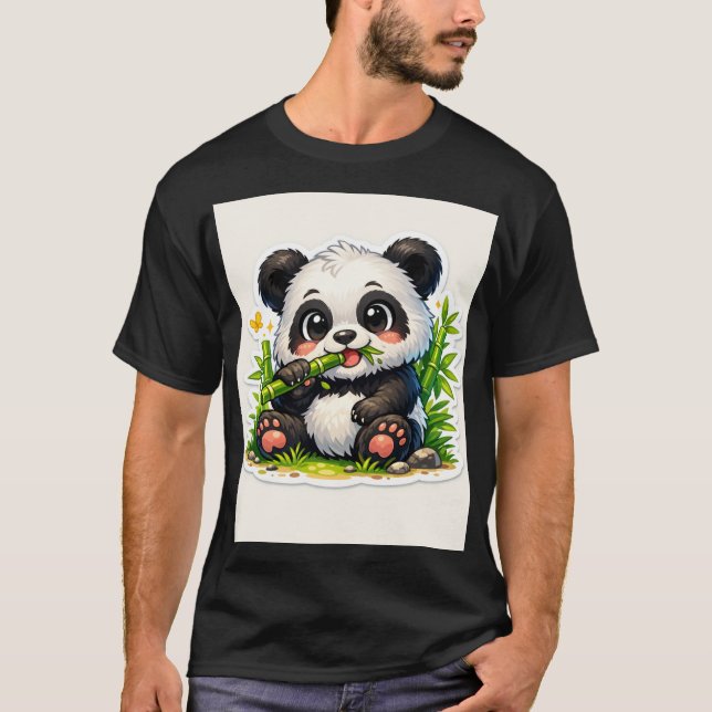 Cute Bamboo Munching Panda Sticker T-Shirt (Front)