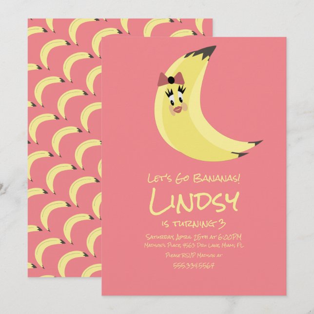 Cute Banana Pink Girls Birthday Party  Invitation (Front/Back)