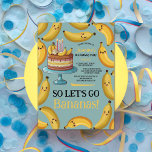 Cute Banana-Themed Kid's Birthday Party Invitation<br><div class="desc">Celebrate your child's special day with our adorable banana-themed birthday party invitation! This fun and playful design features charming illustrations of bananas with cute faces, arranged around the border. At the centre, a delightful banana-decorated birthday cake with candles adds to the festive spirit. The phrase "So let's go bananas" sets...</div>