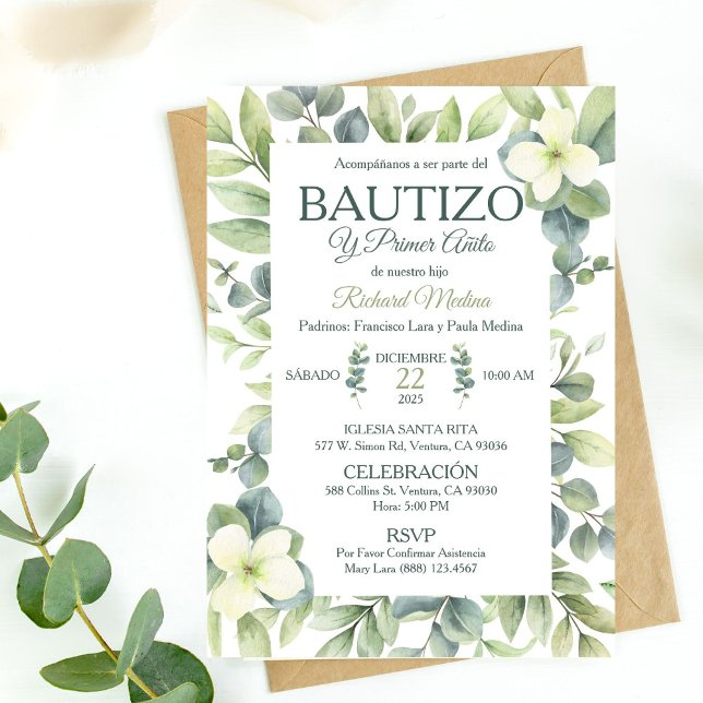 Cute Baptism and First Birthday Green Leaves Invitation (Creator Uploaded)