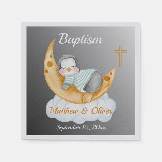 Cute Baptism Baby Penguin And Moon  Napkin (Front)