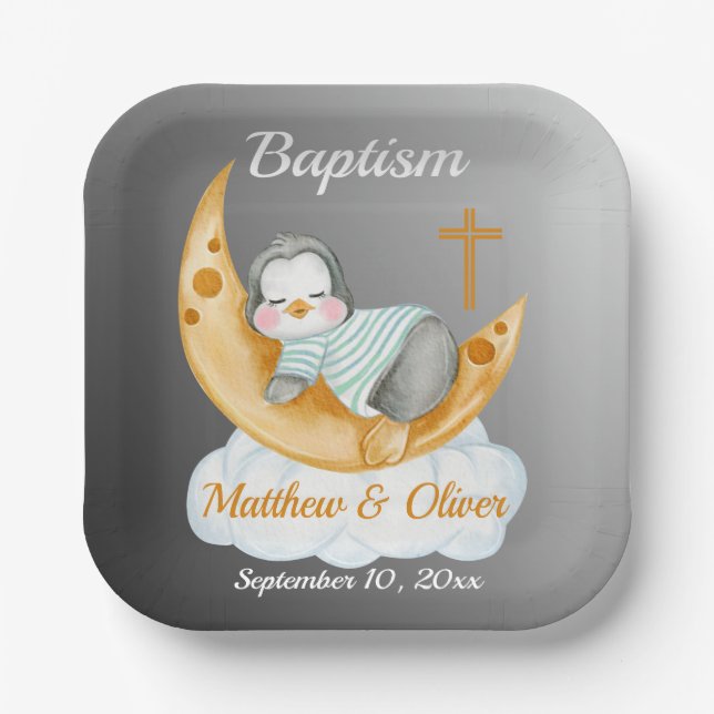 Cute Baptism Baby Penguin And Moon Paper Plate (Front)