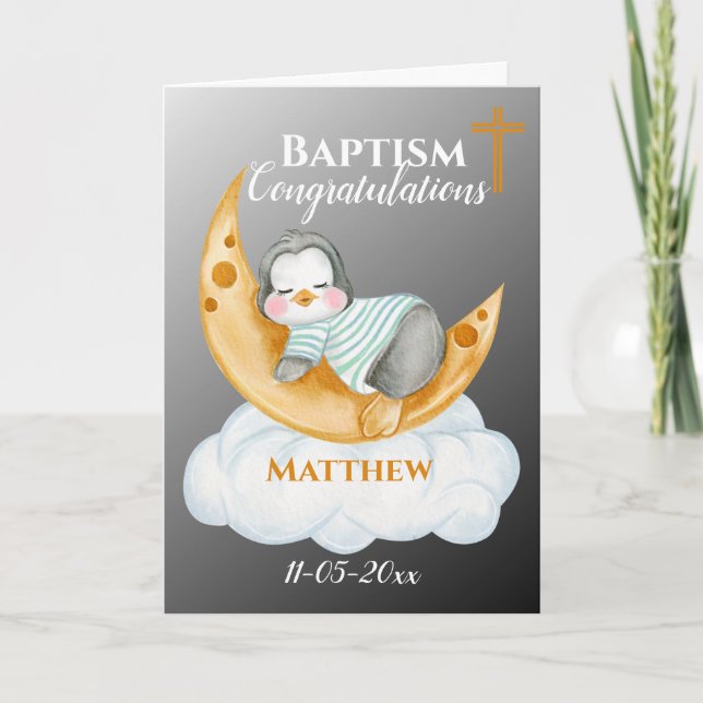 Cute Baptism Congratulations Baby Penguin Card (Front)