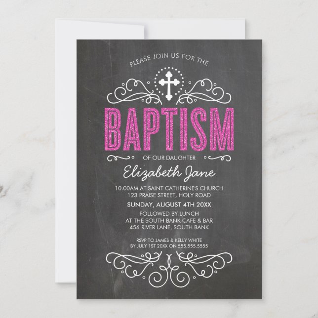 CUTE BAPTISM elegant pink glitter type chalkboard Invitation (Front)