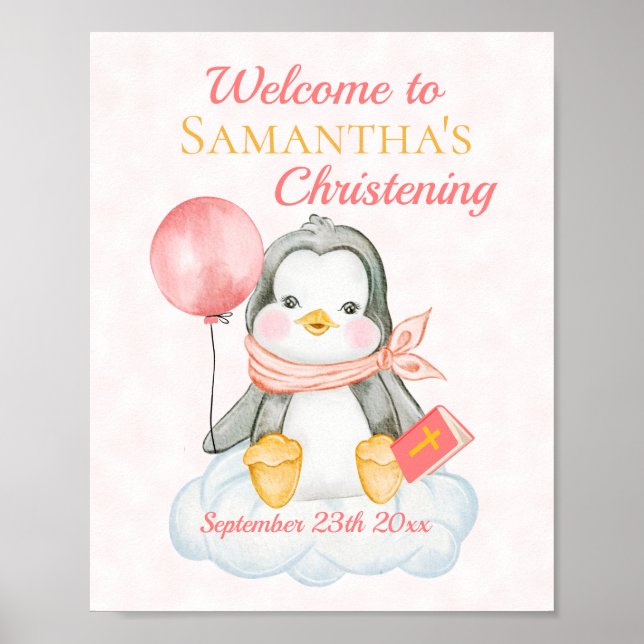 Cute Baptism Watercolor Baby Penguin Pink Welcome  Poster (Front)