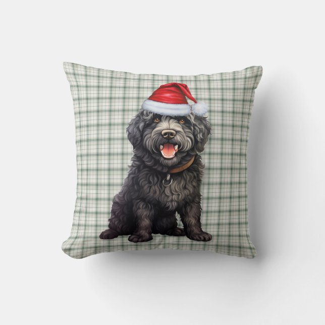 Cute Barbet Dog Green Plaid Christmas Holiday Cushion (Front)
