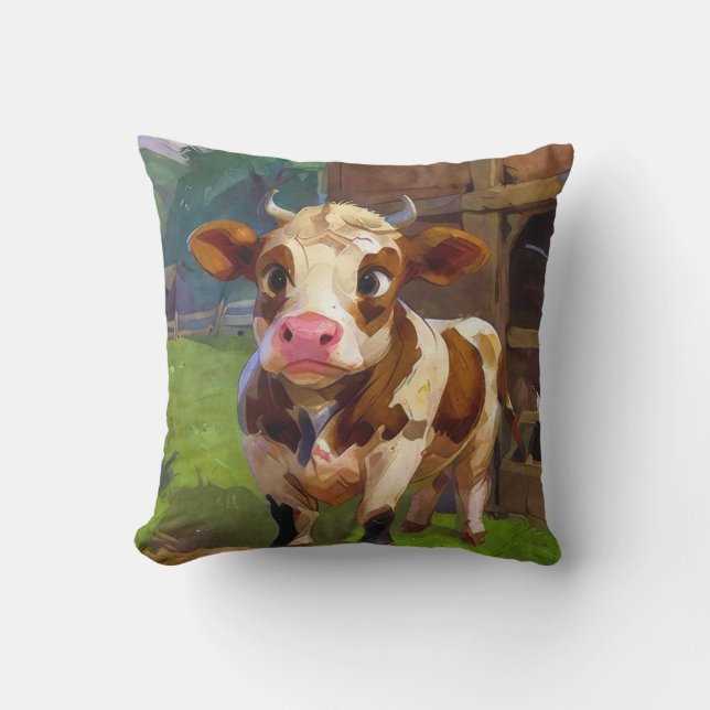 Cute Barn Cow Throw Pillow (Front)