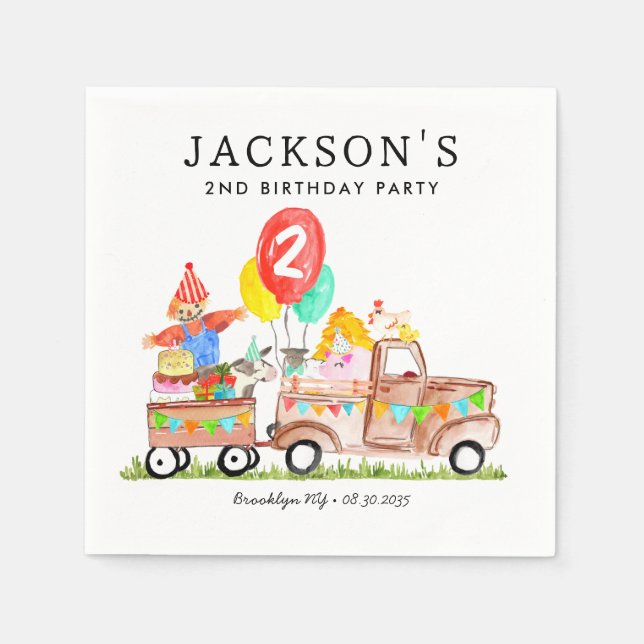 Cute Barn Party Animals Truck Kids Farm Birthday Napkin (Front)