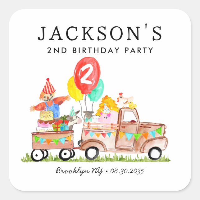 Cute Barn Party Animals Truck Kids Farm Birthday Square Sticker (Front)