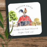 Cute Barn Rooster Farm Watercolor Kids Address Square Sticker<br><div class="desc">A Cute Chicken Farm Theme Kids Collection.- it's an Elegant Simple Minimal watercolor Illustration of chicken farm with pretty red barn, perfect for your little ones farm theme birthday party. It’s very easy to customise, with your personal details. If you need any other matching product or customisation, kindly message via...</div>