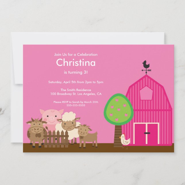 Cute Barn Yard Farm Animals Birthday Party Invite (Front)