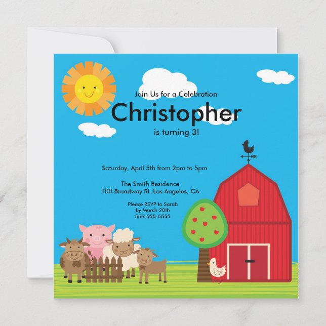 Cute Barn Yard Farm Animals Birthday Party Invite (Front)