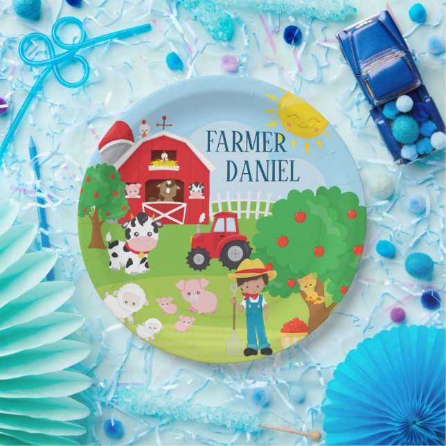 Cute Barnyard Animals, Farmer, Tractor Birthday Paper Plate (Party)