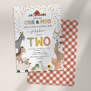 Cute Barnyard Farm 2nd Birthday Invitation