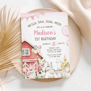 Cute Barnyard Farm Animals 1st Birthday Invitation
