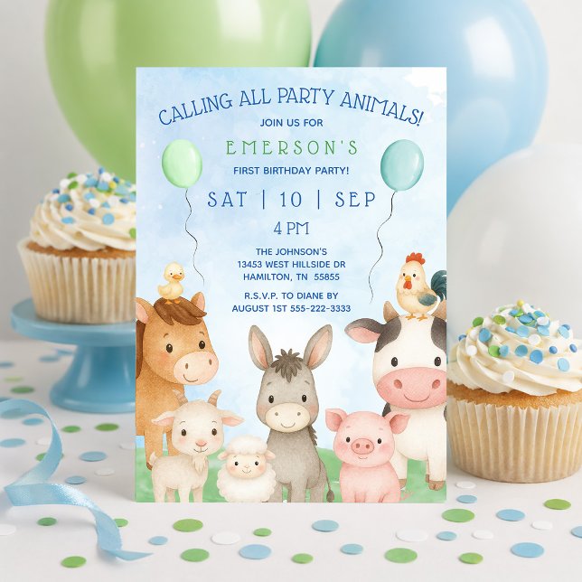 Cute Barnyard Party Animals First Birthday Party Invitation (Cute Barnyard Party Animals First Birthday Party Invitation)