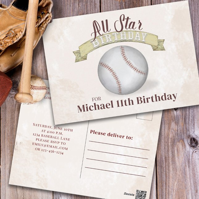 Cute Baseball Boys Birthday Party Invitation Postcard (Creator Uploaded)