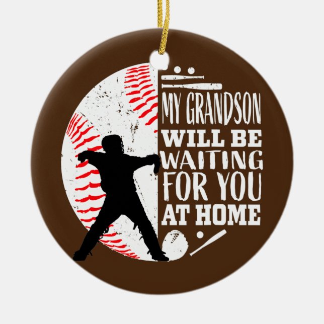 Cute Baseball Catcher Grandma Grandpa Grandson Ceramic Tree Decoration (Front)