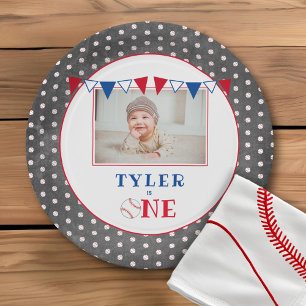 Cute Baseball Chalkboard 1st Birthday Party Photo Paper Plate