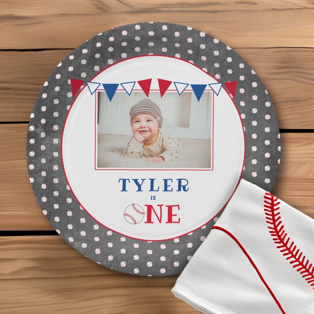 Cute Baseball Chalkboard 1st Birthday Party Photo Paper Plate (Creator Uploaded)