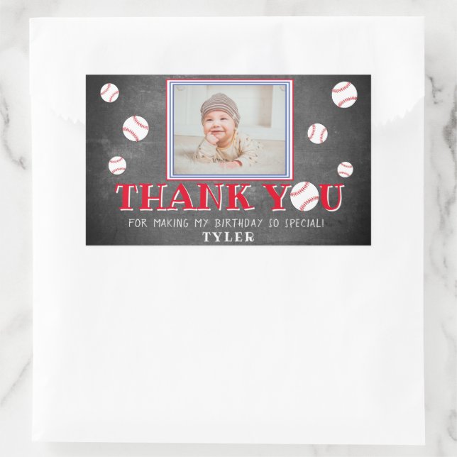 Cute Baseball Chalkboard Birthday Thank you Photo Rectangular Sticker (Bag)