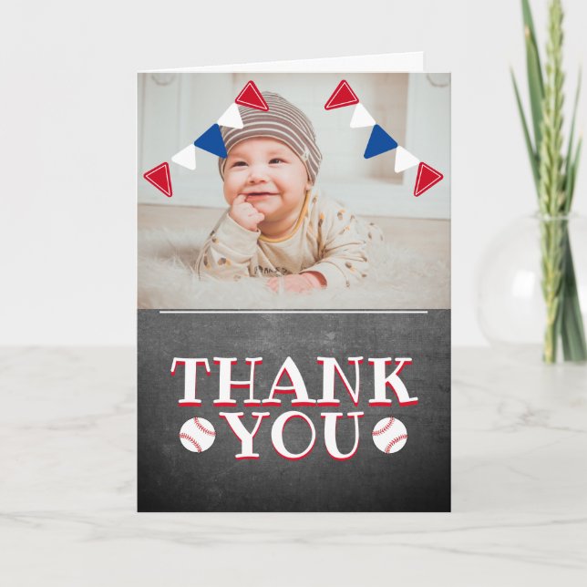 Cute Baseball Chalkboard Kids Photo Birthday Thank Card (Front)