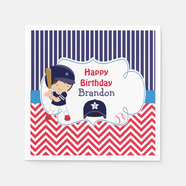 Cute Baseball Dark Hair Boy Birthday Party Napkin (Front)