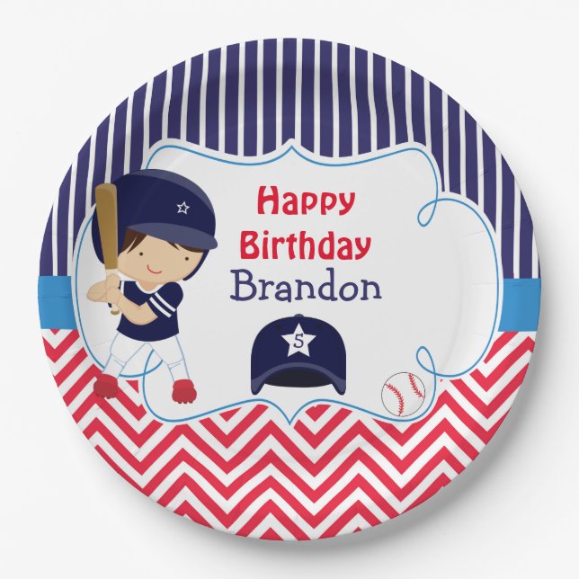 Cute Baseball Dark Hair Boy Birthday Party Paper Plate (Front)