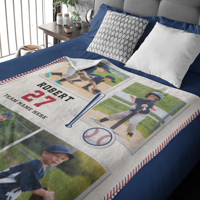Cute Baseball Fan Personalised Sports Fleece Blanket (Modern Baseball Photo Collage Custom Blanket)