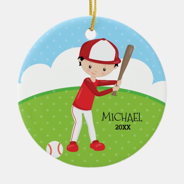 Cute Baseball Player Personalised Christmas Ceramic Tree Decoration (Front)