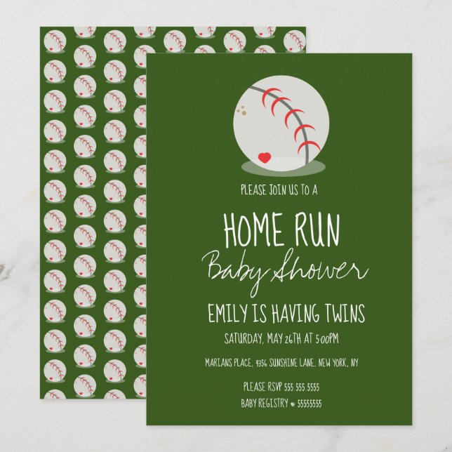Cute Baseball Sports Baby Shower Green Invitation (Front/Back)