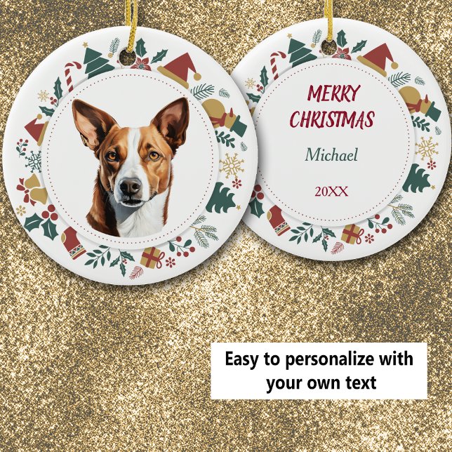 Cute Basenji Christmas Images Wreath Ceramic Tree Decoration (Creator Uploaded)