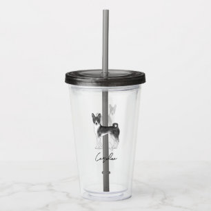 Cute Basenji Dog In Black And White & Custom Name Acrylic Tumbler