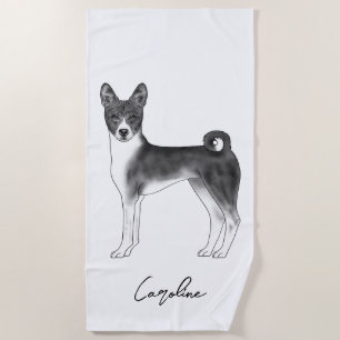 Cute Basenji Dog In Black And White & Custom Text Beach Towel