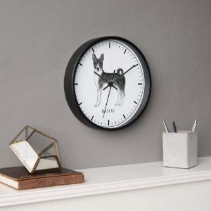 Cute Basenji Dog In Black And White & Custom Text Clock