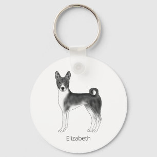 Cute Basenji Dog In Black And White & Custom Text Key Ring