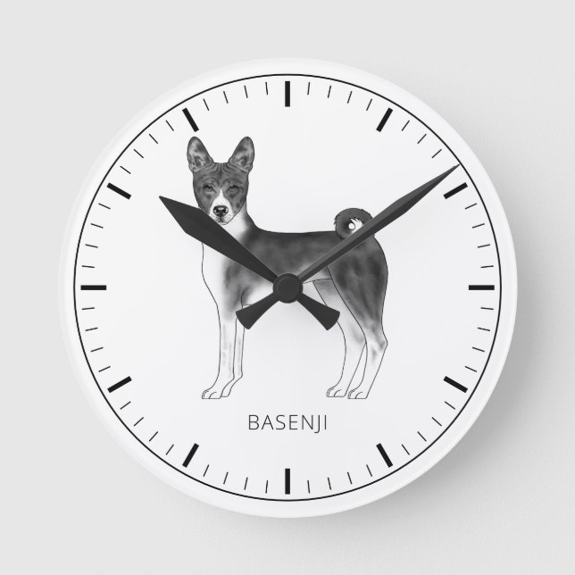 Cute Basenji Dog In Black And White & Custom Text Round Clock (Front)
